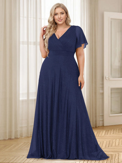 Charming A-Line V-Neck Flutter Sleeve V-Back Floor Length Plus Size Mother Of The Bride Dress