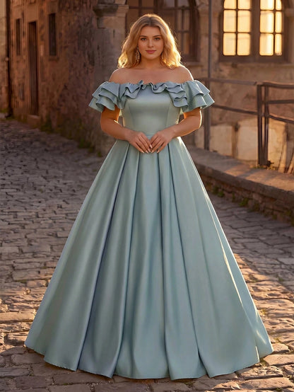 Plus Size Yellow A‑Line Off‑The‑Shoulder Ruffle‑Sleeve Corset‑Back Floor‑Length Prom Dress