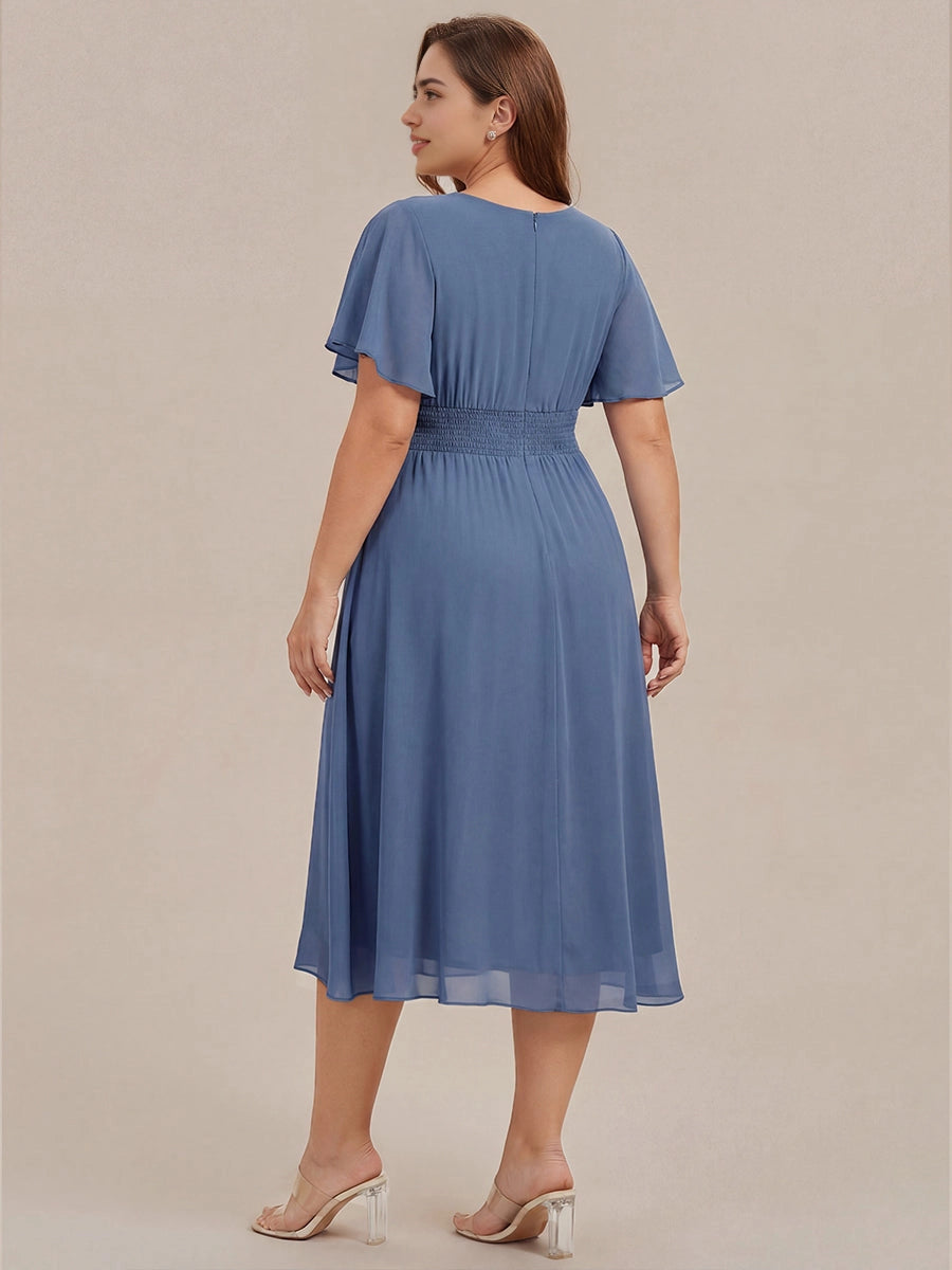 Roselledress Burgundy Round Neck Flutter Sleeve Zip Back High-Low Midi Plus Size Weeding Guest Dress