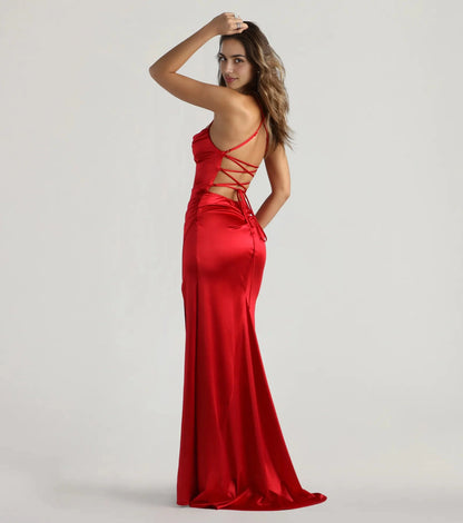Slim Maxi Spaghetti Lace-Up Back Ruched Long Prom Dress