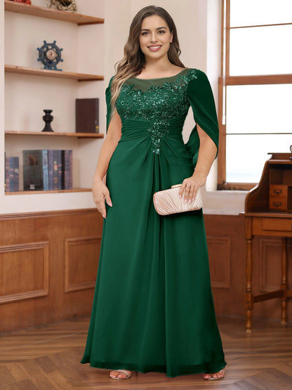 RoselleDress Dusty Rose A‑Line Illusion Round Neck Cape Sleeve Keyhole Back Plus Size Mother Of The Bride Dress