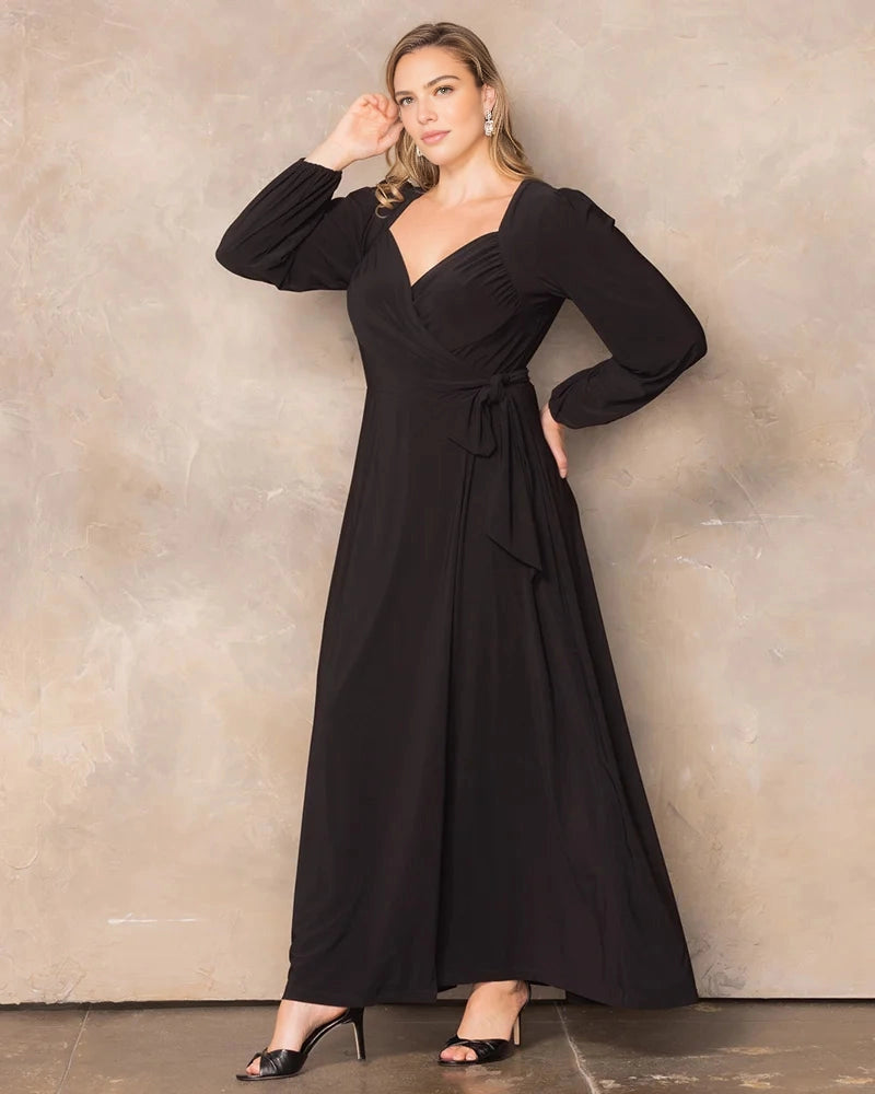Roselledress Long‑Sleeve Wrap Maxi Plus Size Wedding Guest Dress