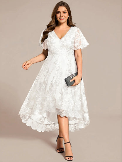 Roselledress High-Low A-Line V-Neck Flutter-Sleeve V-Zip-Back Midi Plus Size Weeding Guest Dress