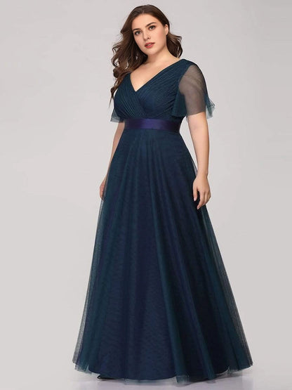 Roselledress Soft A-Line V-Neck Flutter-Sleeve V-Zip-Back Floor-Length Plus Size Weeding Guest Dress