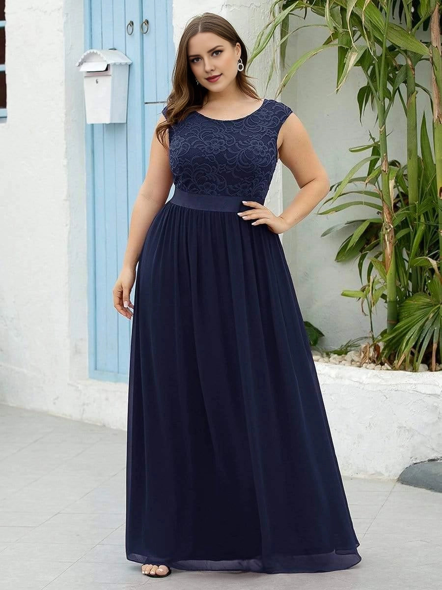Romantic A-Line Round Cap Sleeve V-Back Sash Waist Floor-Length Plus Size Bridesmaid Dress