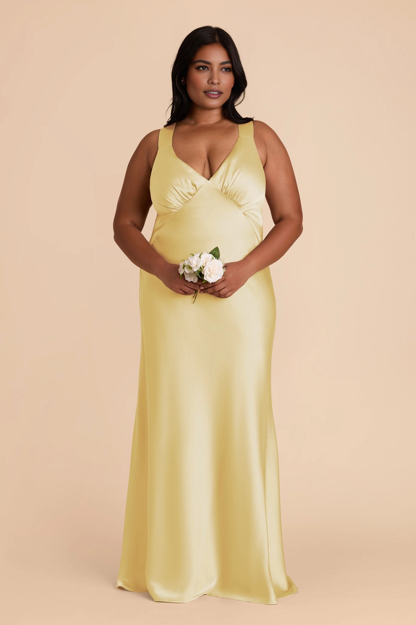 Soft Satin Mermaid V Neck Sleeveless Cross Back Maxi Plus Size Bridesmaid Dress