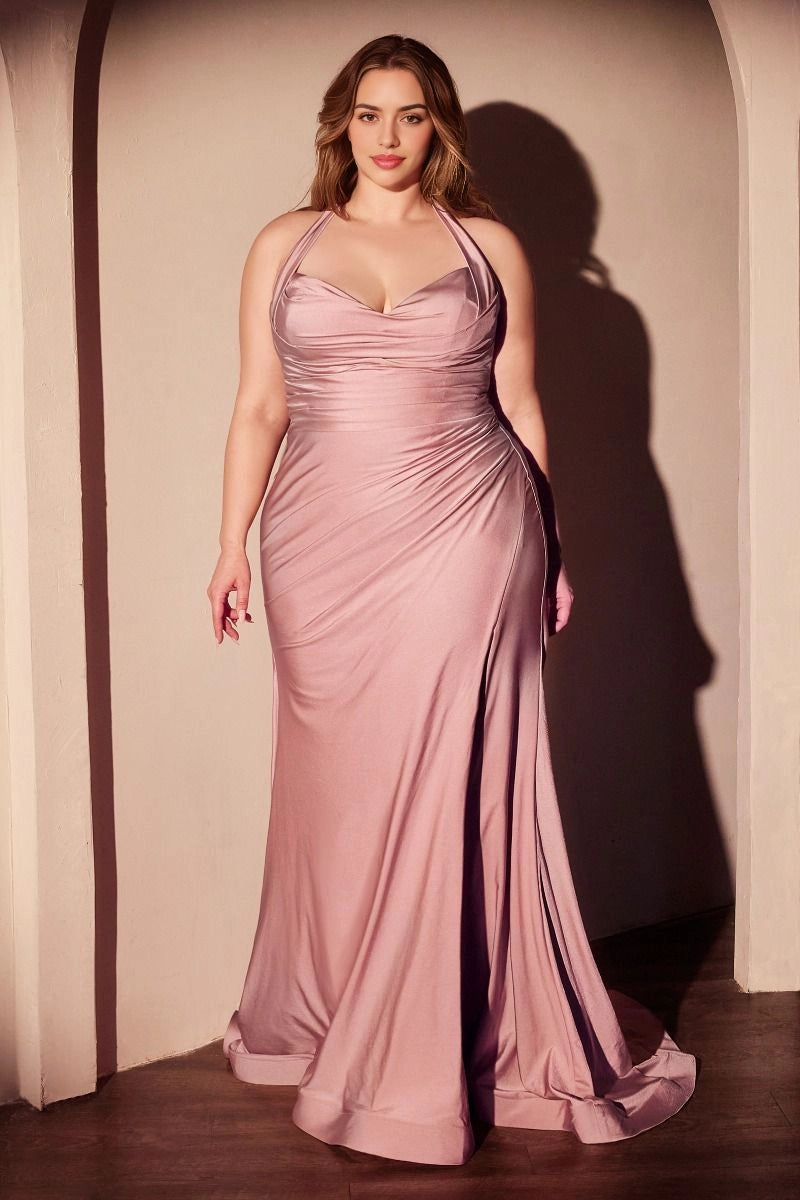 Roselledress Gloss Satin Mermaid Halter V Open Back Slit Train Plus Size Prom Dress