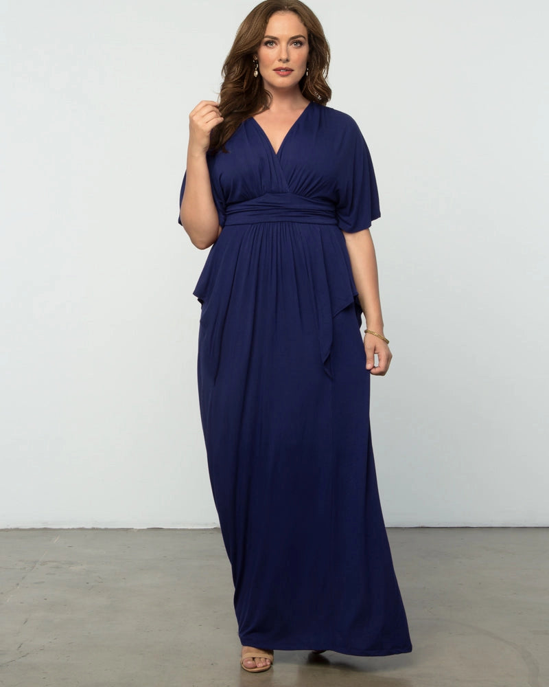 Elegant Plus Size A-Line V-Neck Flutter Sleeve Closed Back Long Mother of the Bride Dress