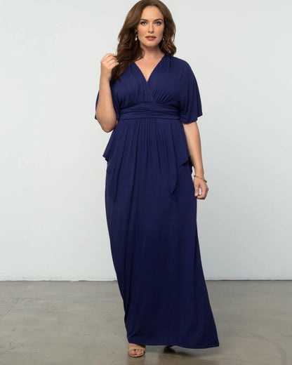 Elegant Plus Size A-Line V-Neck Flutter Sleeve Closed Back Long Mother of the Bride Dress