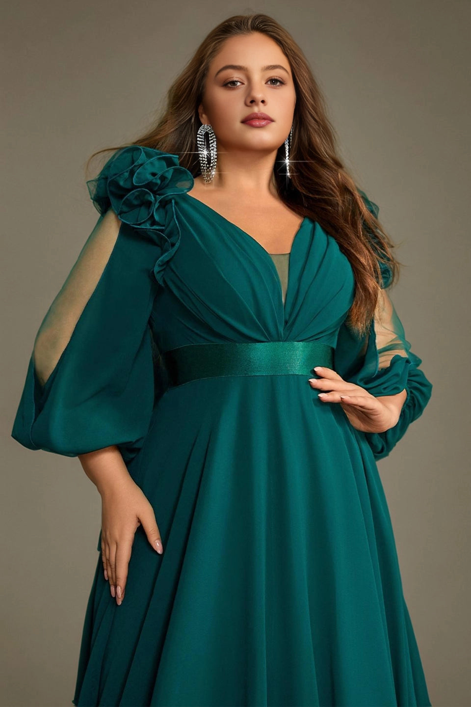 Flowy A-Line Deep V Split-Sleeve Zipper-Back Floor-Length Plus Size Burgundy Mother Of Bride Dress