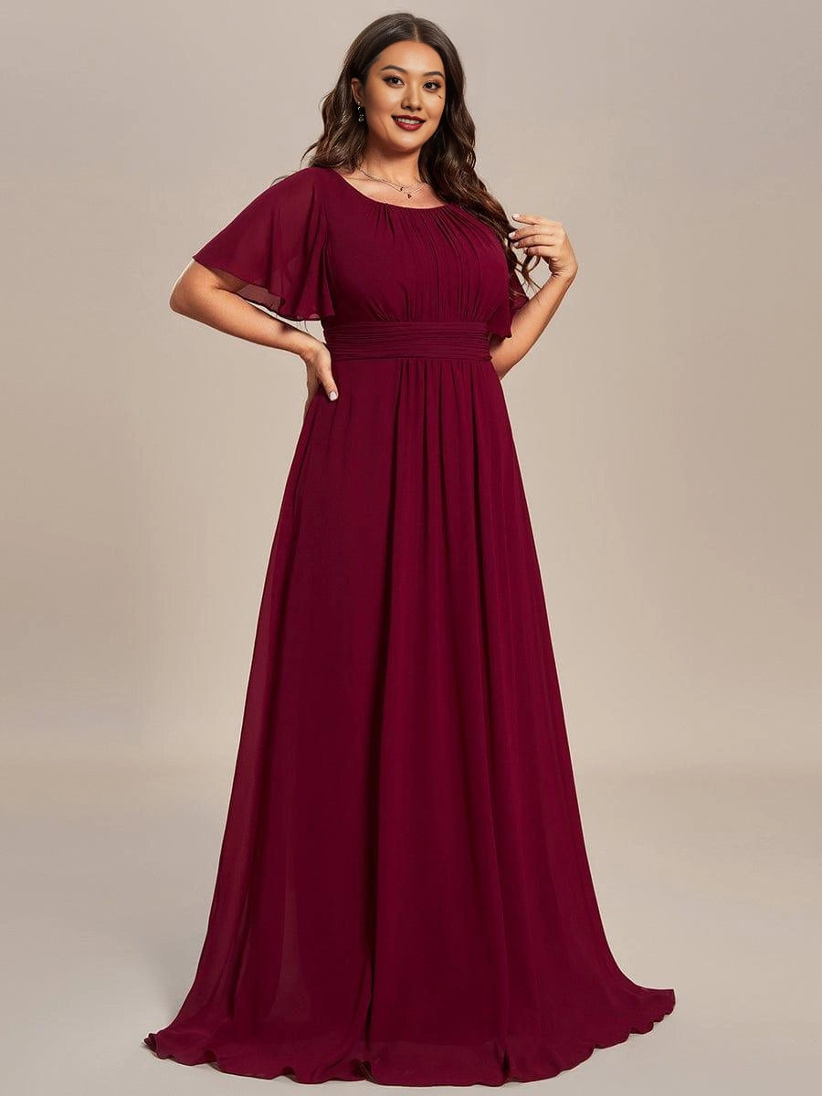 A-Line Round Neck Flutter Sleeve Back Zipper Floor Length Plus Size Floral Chiffon Wedding Guest Dress