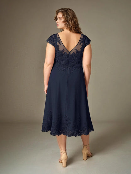 Back view Roselledress navy lace chiffon midi dress v‑illusion back plus size mother of bride