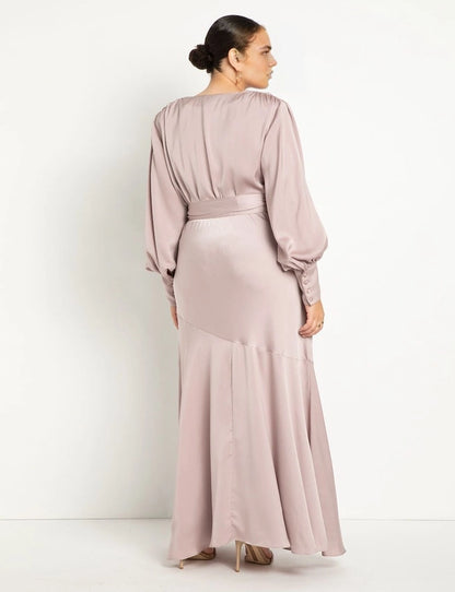 Roselledress Ruffle-Hem Long-Sleeve Satin Midi Plus Size Wedding Guest Dress