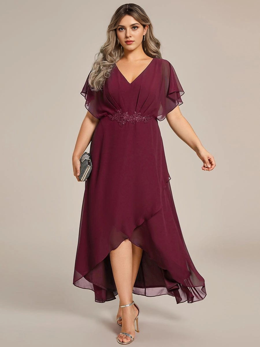 Roselledress Emerald A-Line V-Neck Flutter Sleeve Zip Back High Low Midi Plus Size Weeding Guest Dress