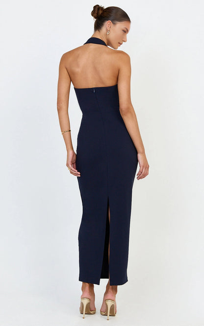 Elegant Sheath Halter Plunge Open Back Zipper Back Plus Size Slit Midi Wedding Guest Dress