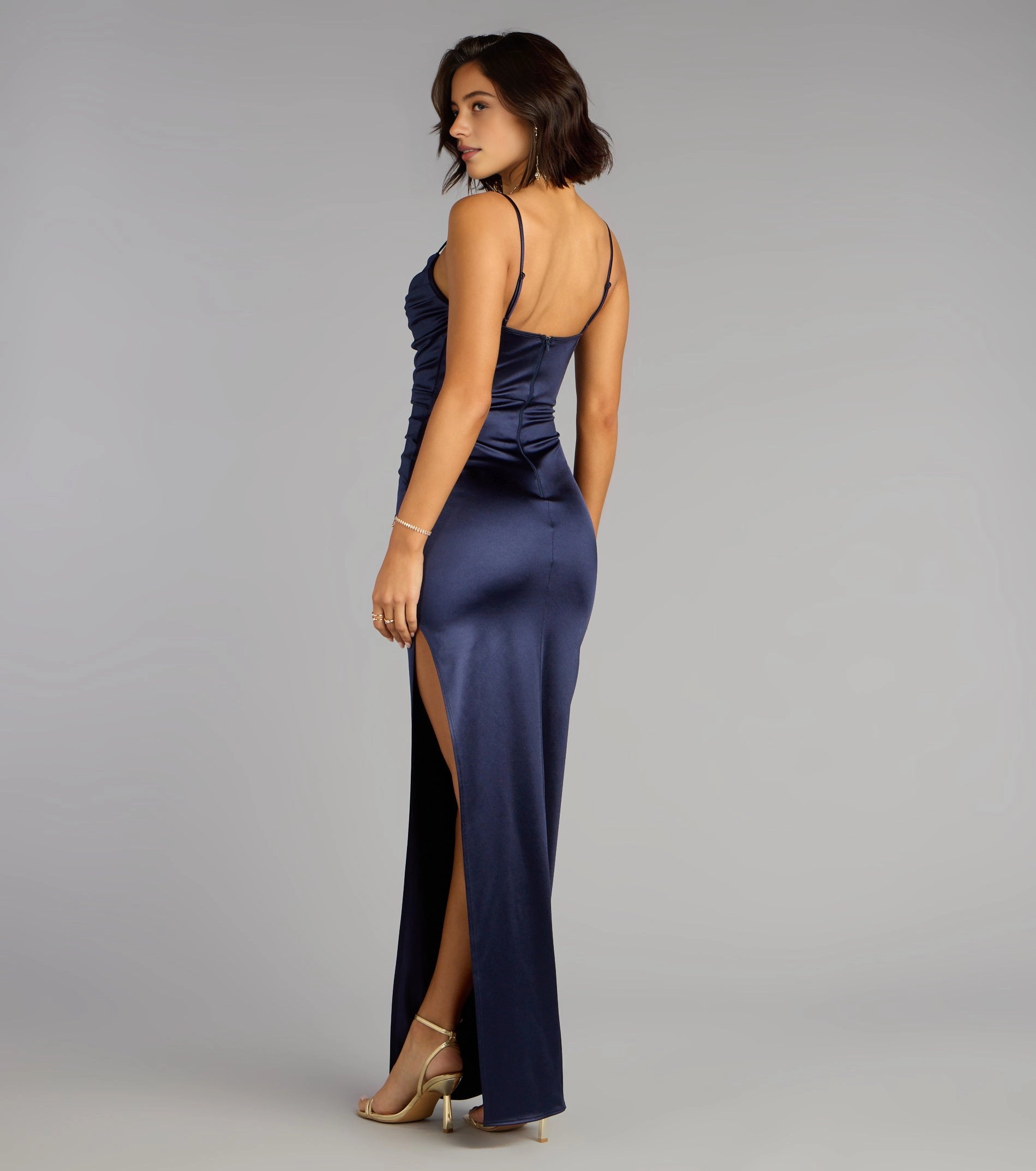 RoselleDress plain open back navy glossy satin maxi gown adjustable spaghetti straps rear view