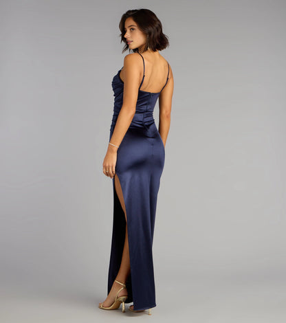 RoselleDress plain open back navy glossy satin maxi gown adjustable spaghetti straps rear view