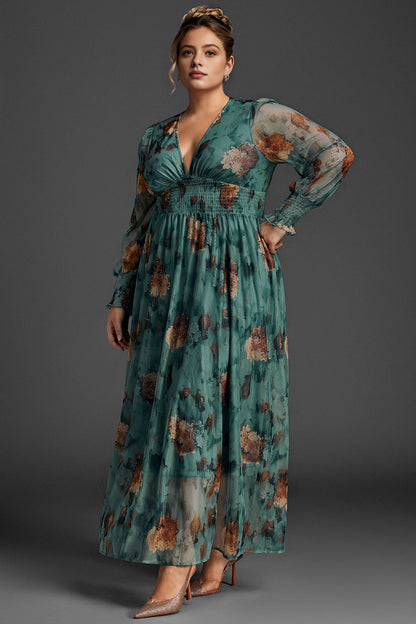 Flowy A-Line Deep V Sheer-Sleeve Plain-Back Midi Plus Size Floral Mother Of Bride Dress
