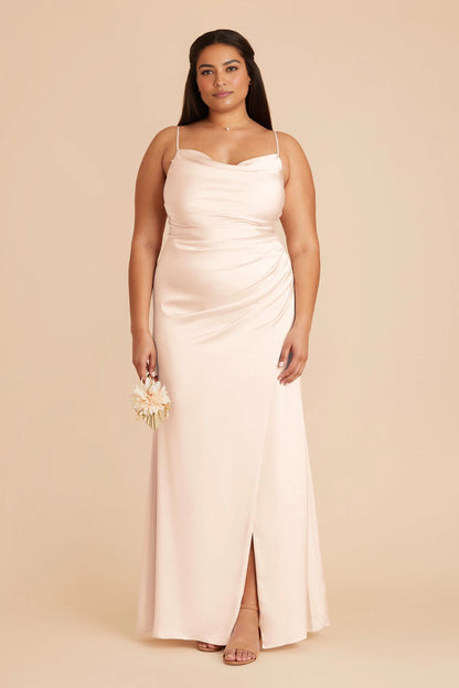 Elegant Satin Sheath Cowl Neck Spaghetti Strap Zipper Back Floor Length Plus Size Bridesmaid Dress