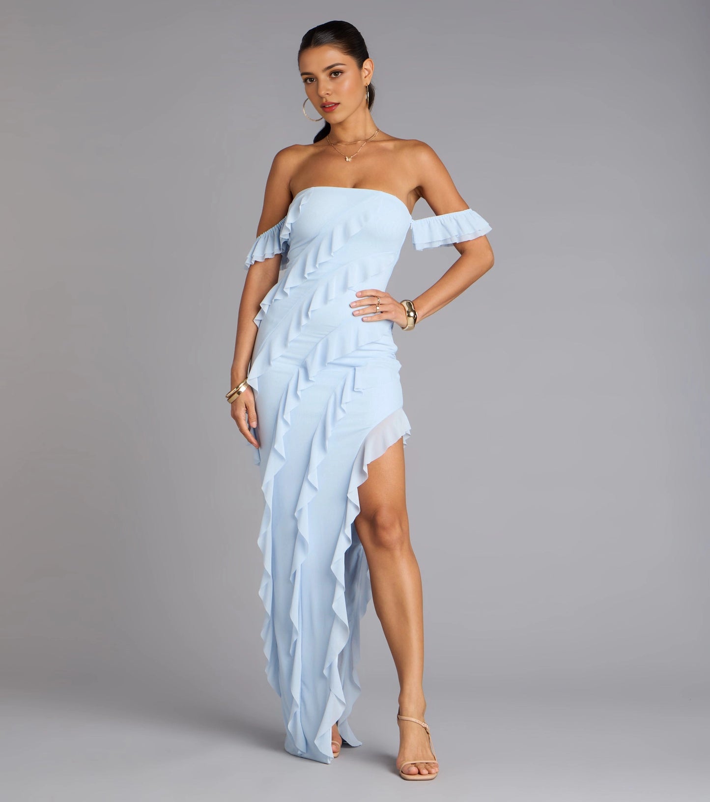 Roselledress Ruffled Slim Off-Shoulder Tube Open-Back Slit Maxi Plus Size Prom Dress