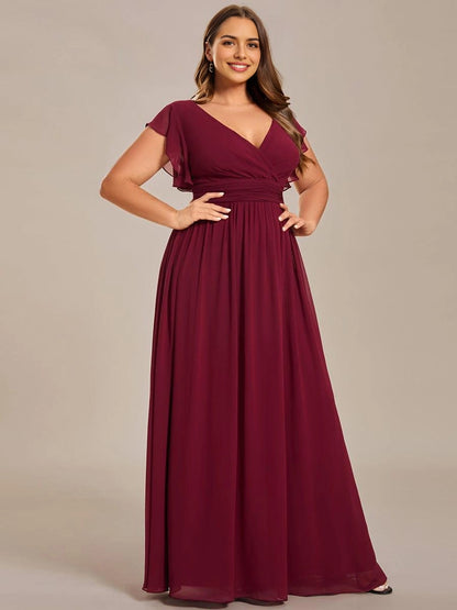 Roselledress Soft Nude Plus Size A Line V Neck Flutter Sleeves Heart Cutout Back Maxi Weeding Guest Dress