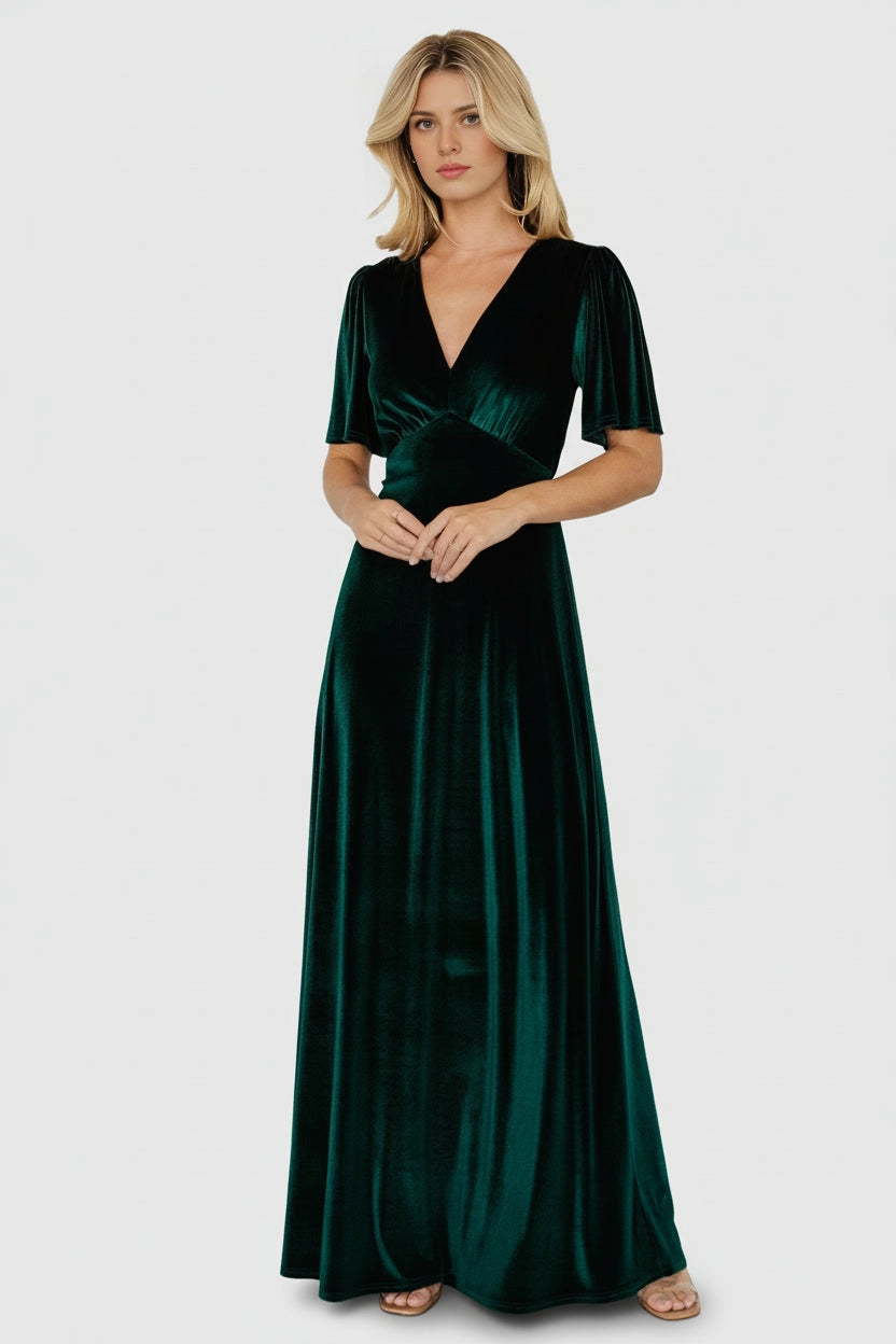 Elegant A‑Line V‑Neck Short‑Sleeve Keyhole‑Back Floor‑Length Mother Of Bride Dress