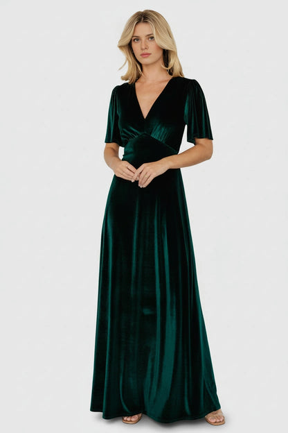 Elegant A‑Line V‑Neck Short‑Sleeve Keyhole‑Back Floor‑Length Mother Of Bride Dress