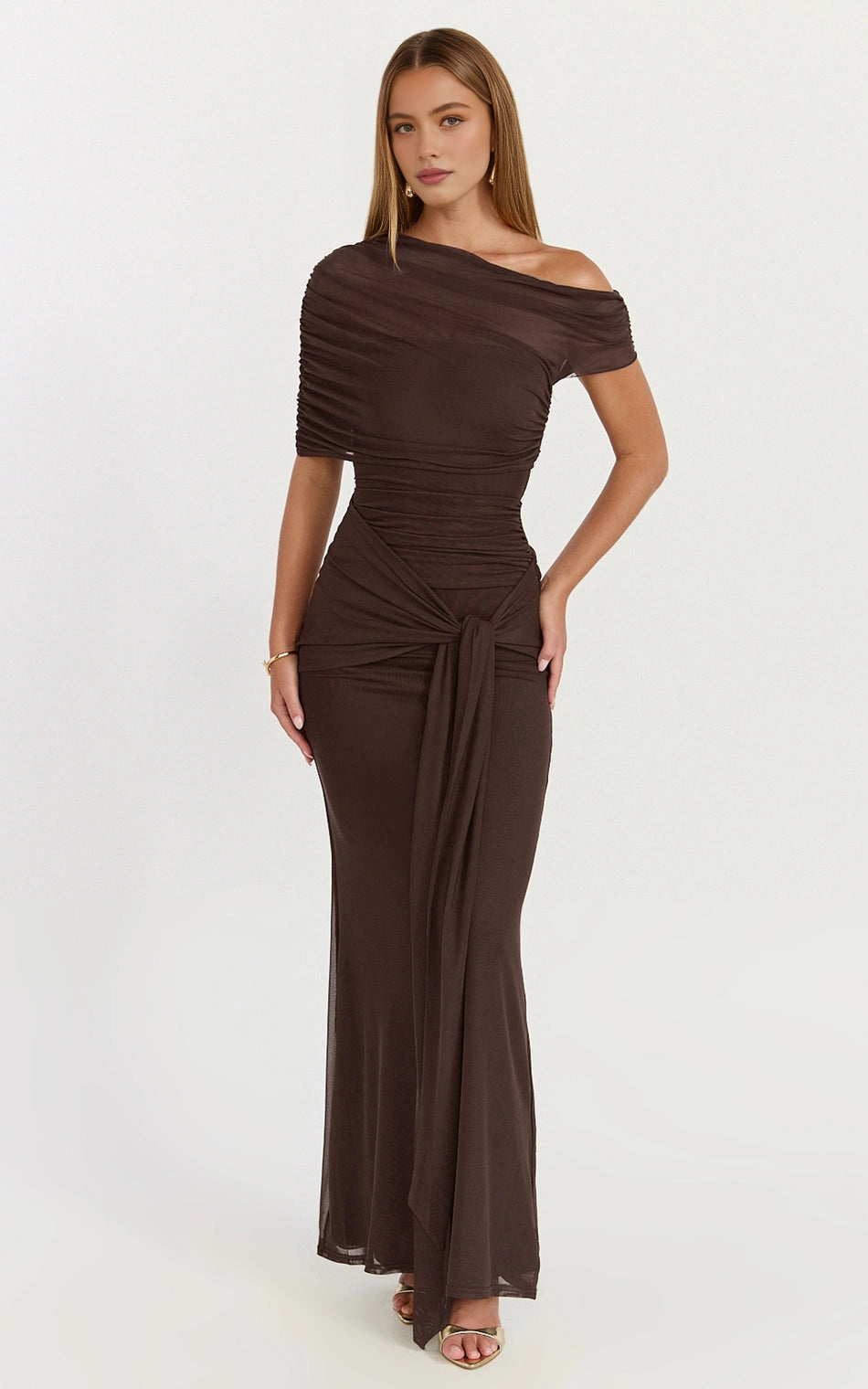 Romantic Mermaid One Shoulder Mesh Short Sleeve Open Back Tie Waist Plus Size Maxi Wedding Guest Dress