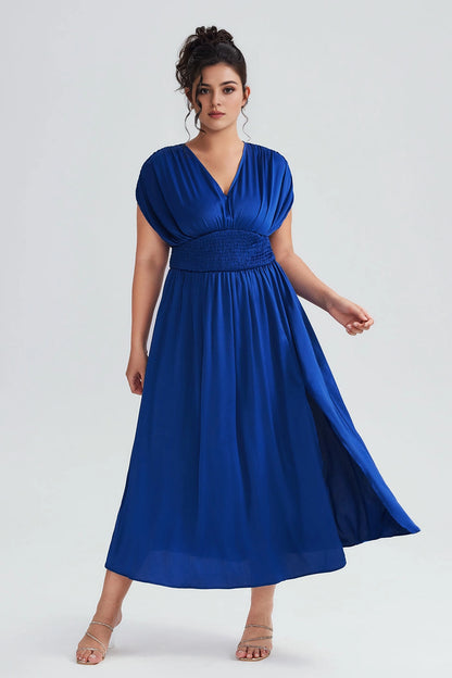 Plus Size Royal Blue A Line V Neck Cap Sleeve Tie‑Back Midi Prom Dress