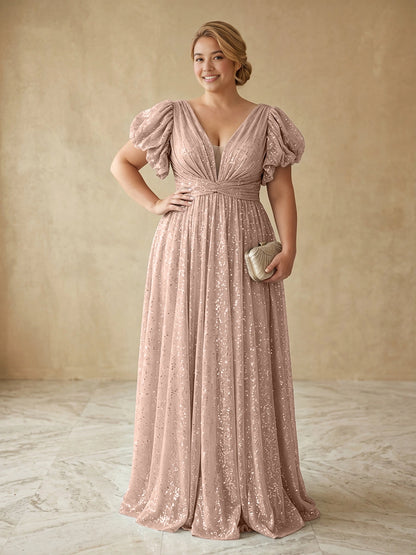 Glamorous A-Line Deep V Puff Sleeve V-Back Floor Length Plus Size Prom Dress