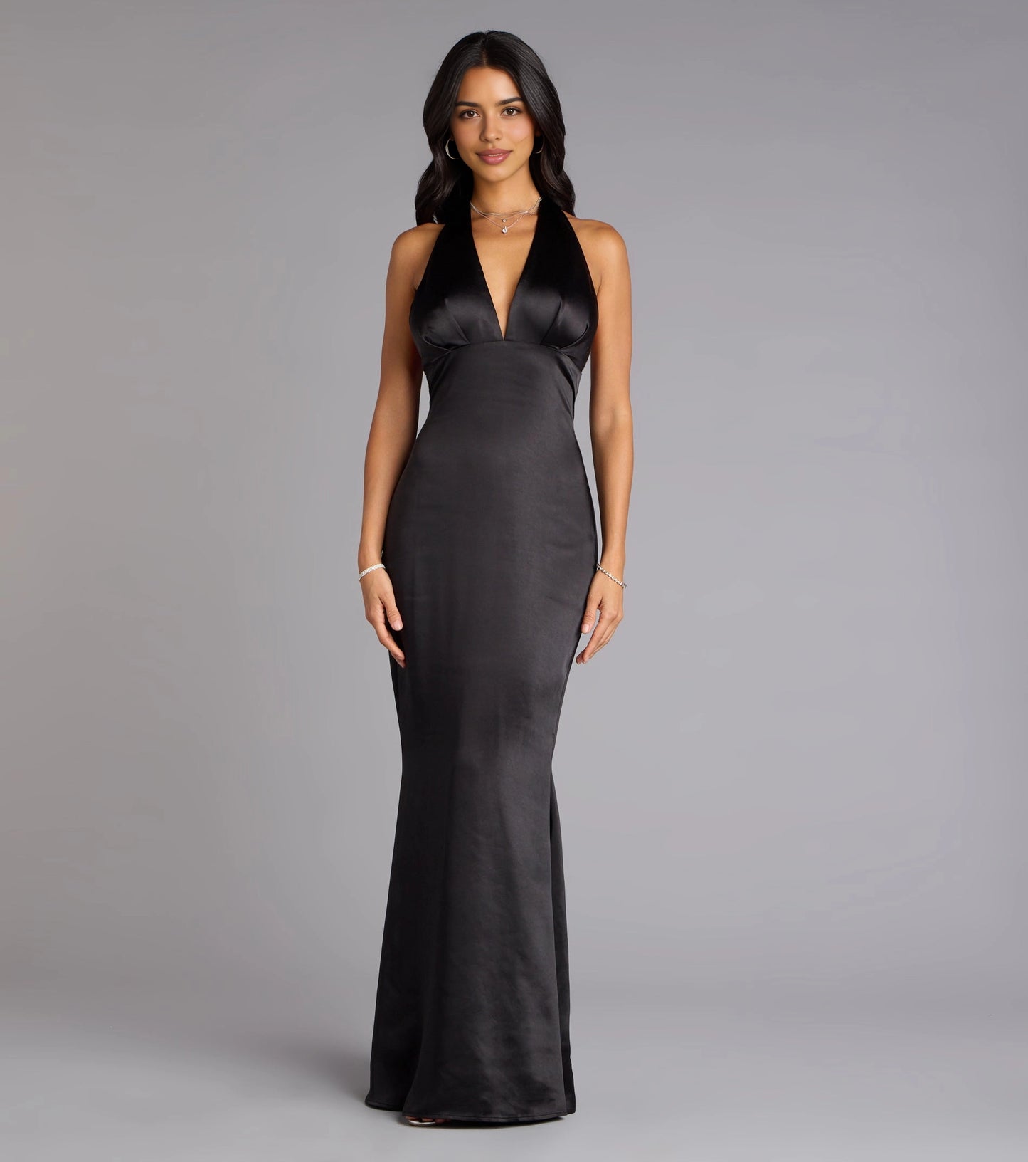 Roselledress Glossy Plus size Fitted Mermaid Halter Deep V Open Back Floor Prom Dress