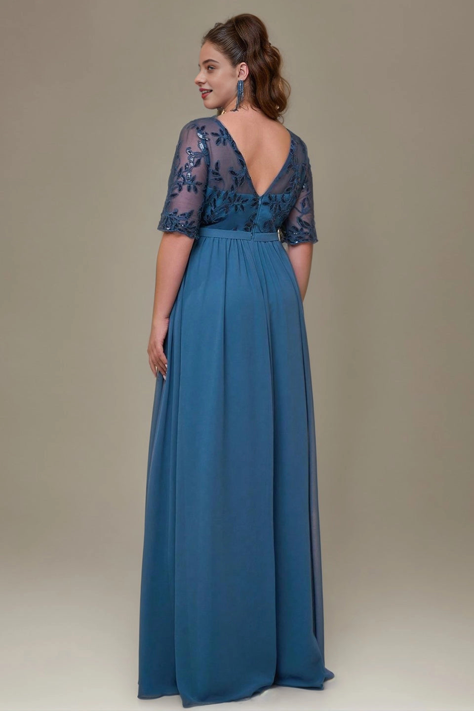 back view Roselledress curvy blue chiffon dress deep V lace zip back long wedding guest gown