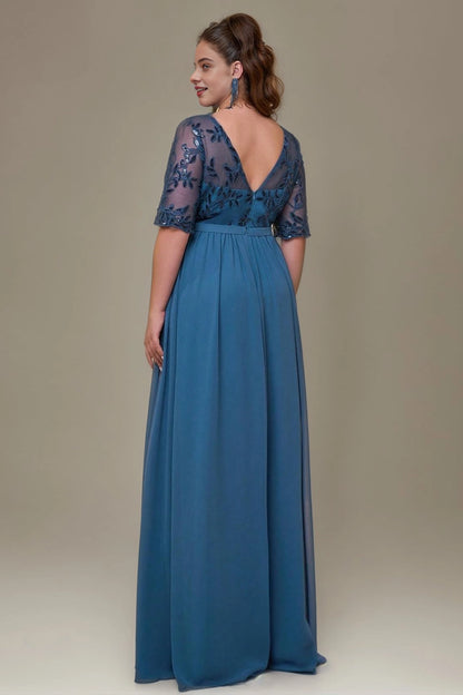 back view Roselledress curvy blue chiffon dress deep V lace zip back long wedding guest gown