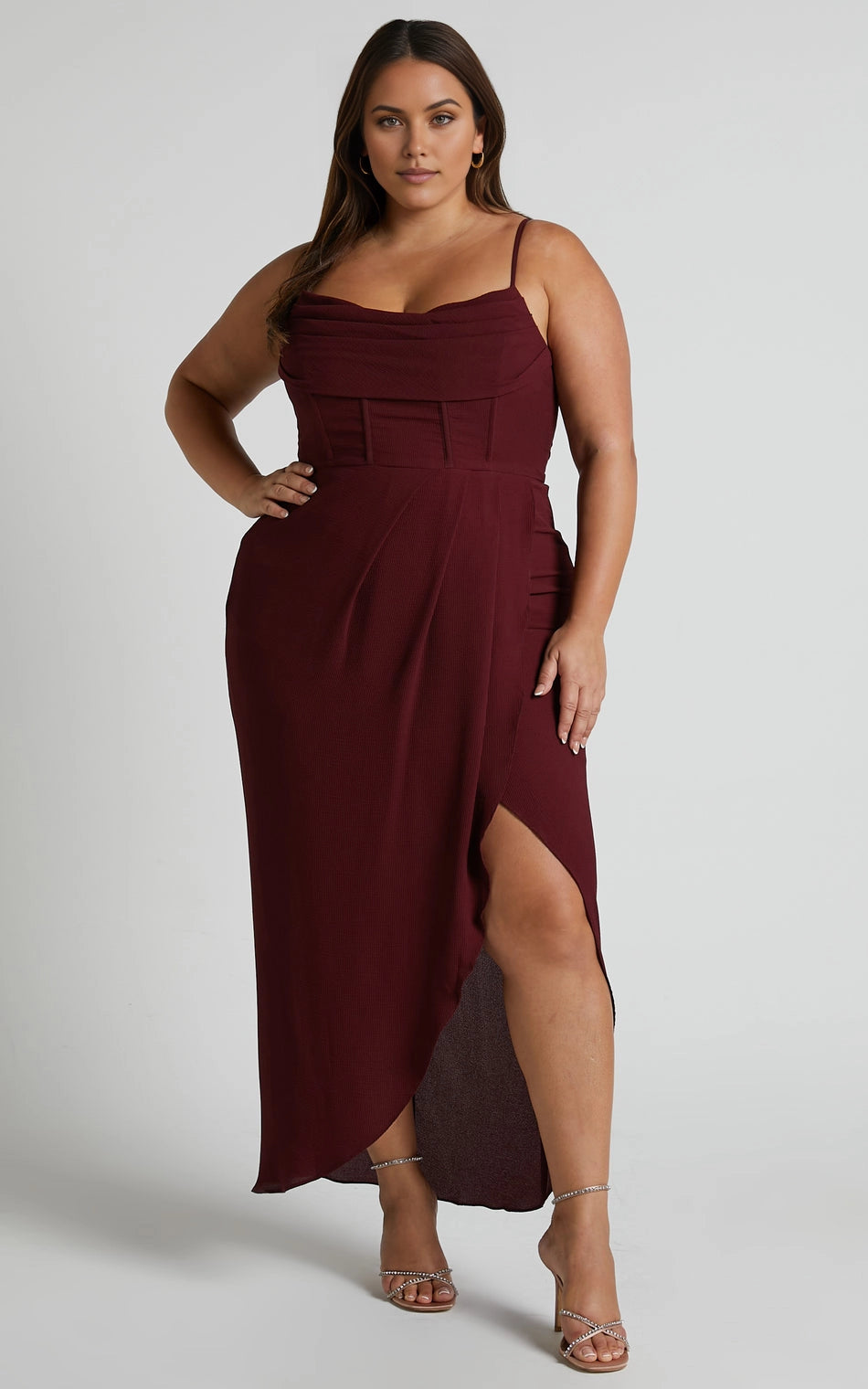 Glamorous A‑Line Cowl Neck Spaghetti Strap Open Back Slit Maxi Length Plus Size Prom Dress