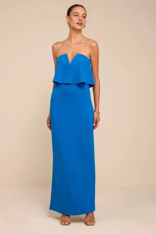roselledress vibrant bright royal blue matte wrinkle resistant crepe strapless v notch ruffle overlay two piece straight floor length maxi prom cocktail gown neutral beige studio front full shot