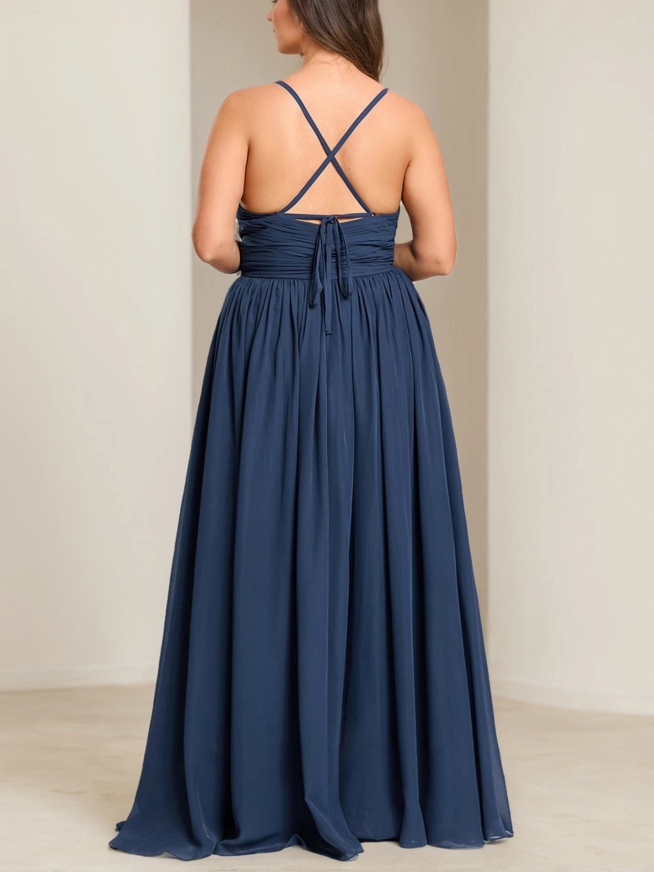 roselledress dark navy curvy wedding dress back view criss cross thin straps self tie open back flowy chiffon maxi bridesmaid gown