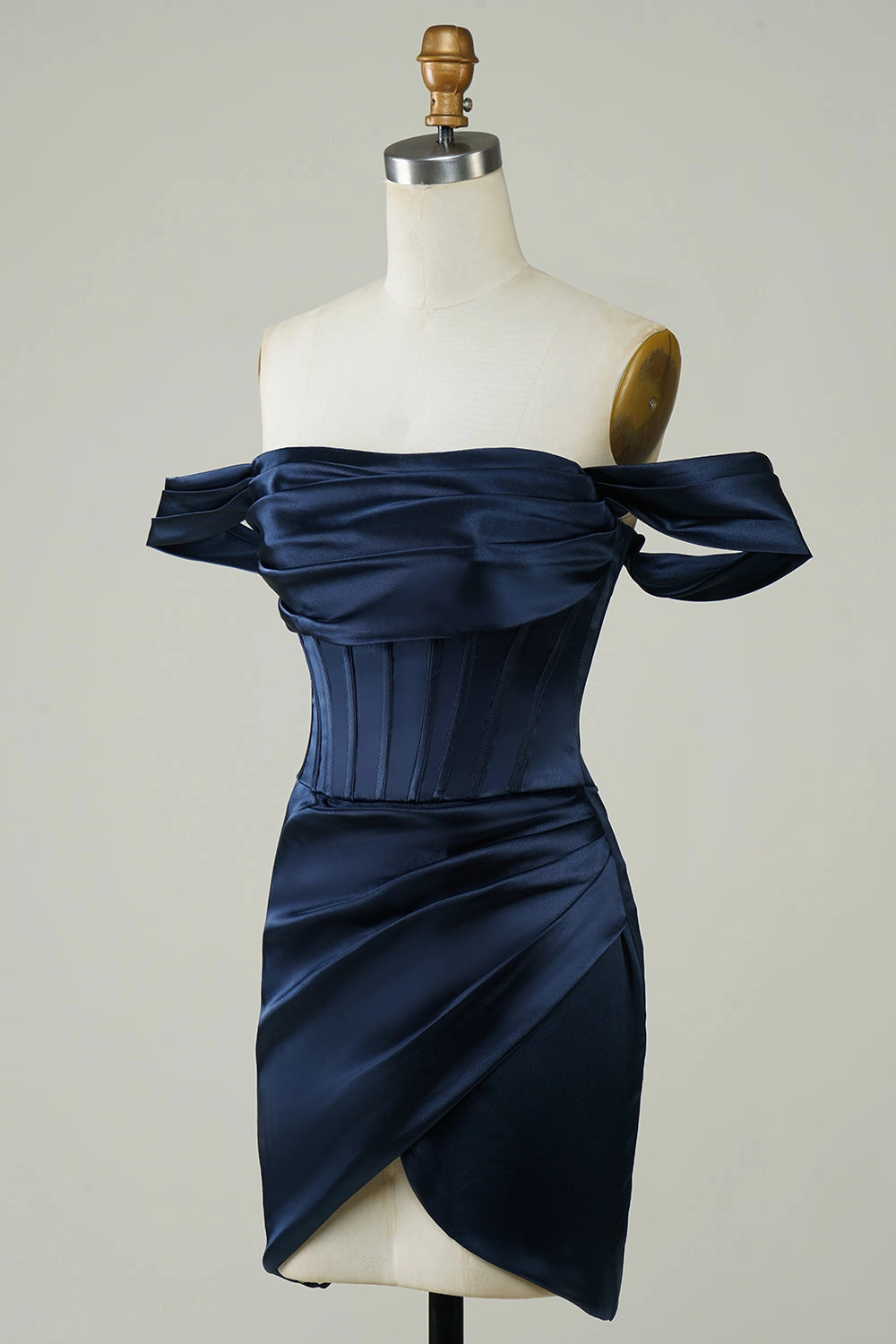 Navy Bodycon Off Shoulder Short Sleeve Plain Back Wrap Mini Homecoming Dress
