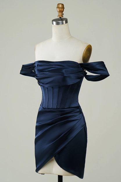 Navy Bodycon Off Shoulder Short Sleeve Plain Back Wrap Mini Homecoming Dress