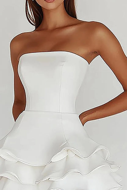 White A-Line Straight Strapless Closed Back Mini Homecoming Dress
