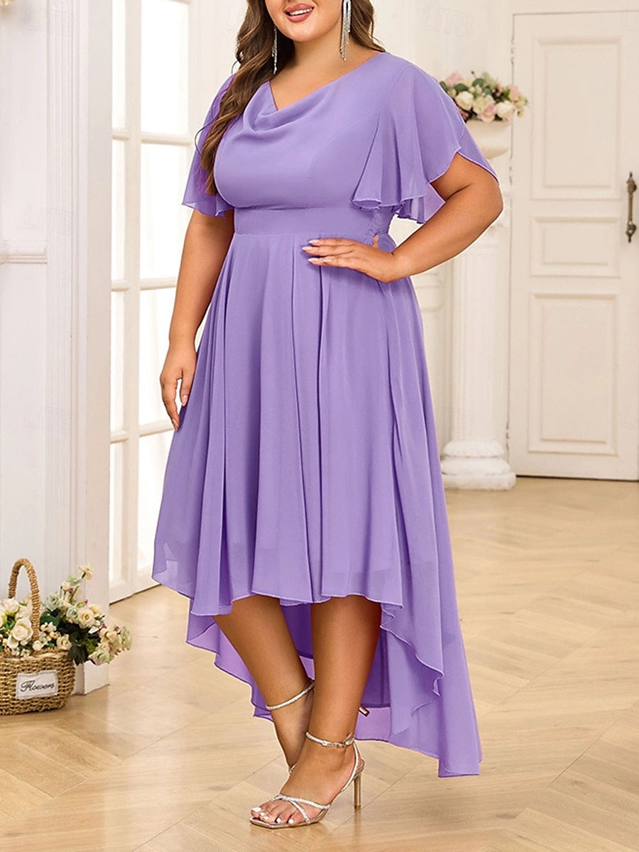 Graceful Plus Size A‑Line Cowl‑Neck Flutter‑Sleeve Smocked‑Back Hi‑Lo Mother Of Bride Dress