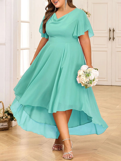Graceful Plus Size A‑Line Cowl‑Neck Flutter‑Sleeve Smocked‑Back Hi‑Lo Mother Of Bride Dress