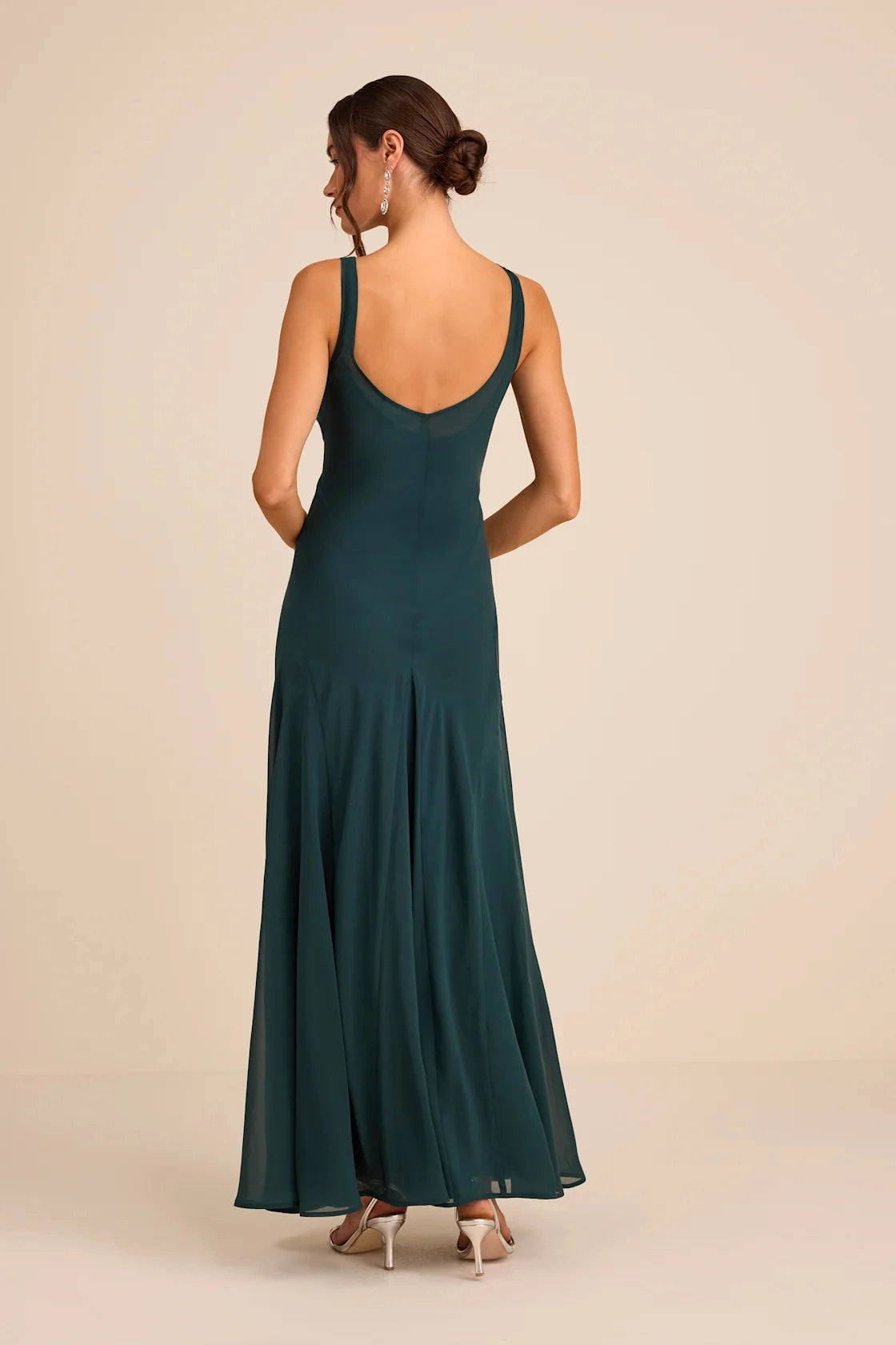 Back view RoselleDress emerald low back chiffon gown fitted mermaid floor length wedding guest dress