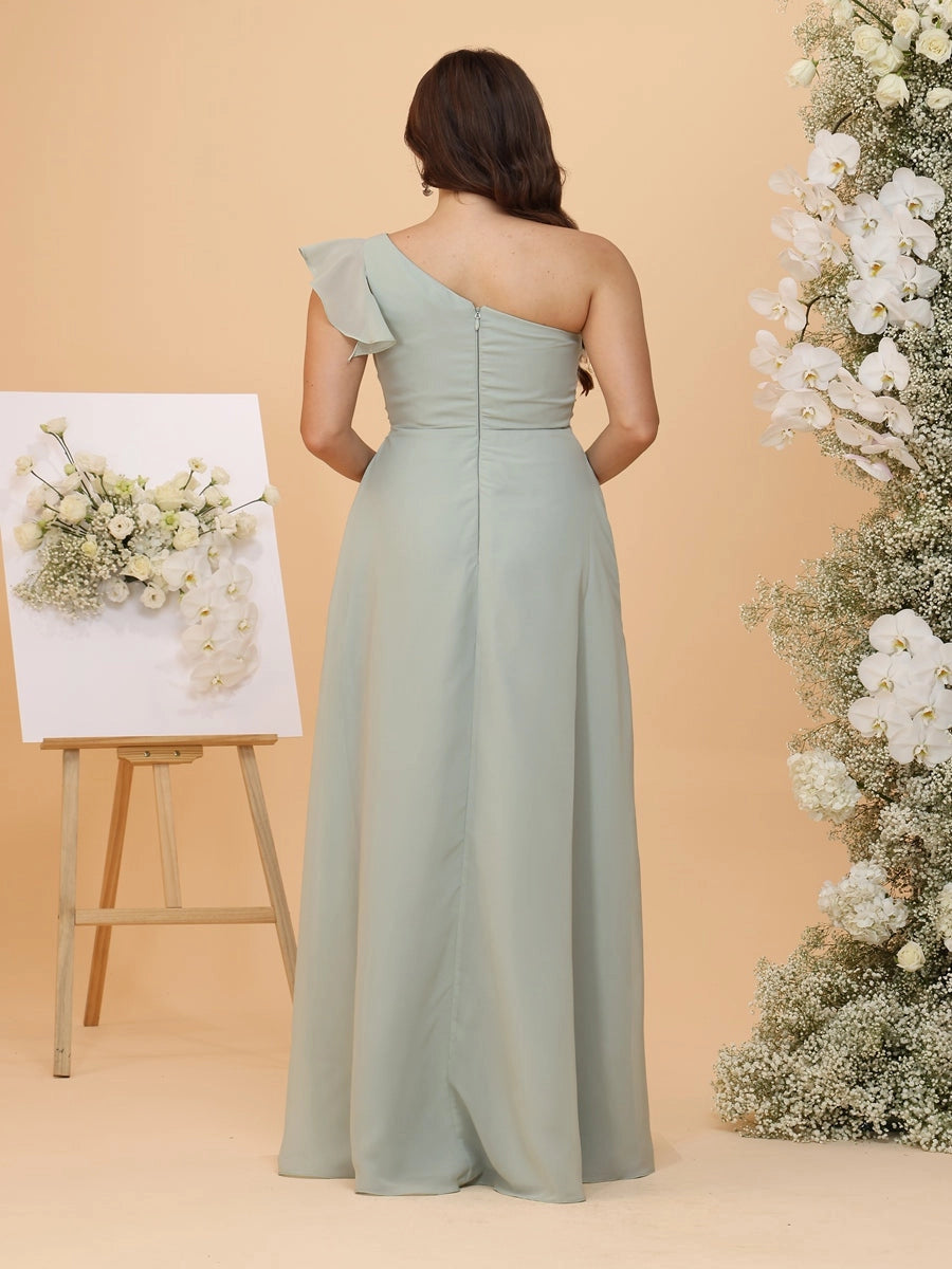 RoselleDress sage green plus size bridesmaid dress one shoulder ruffle zipper back floor length bridesmaid gown back view