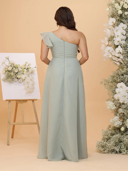 RoselleDress sage green plus size bridesmaid dress one shoulder ruffle zipper back floor length bridesmaid gown back view
