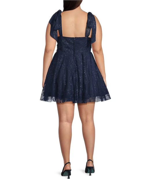 Plus size navy glitter tulle homecoming dress with bow straps and center back zipper
