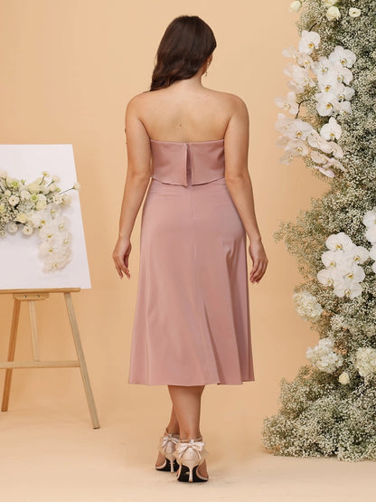 Back view roselledress strapless zip‑back ruffle overlay satin midi‑length plus size evening cocktail gown
