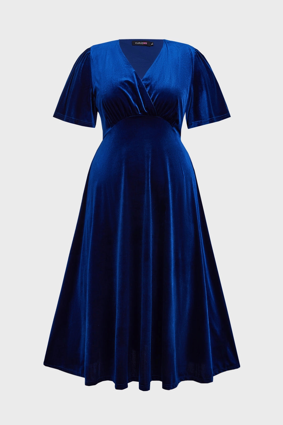 Luxurious A-Line V-Neck Short-Sleeve Solid-Back Midi-Length Plus Size Mother Of Bride Dress