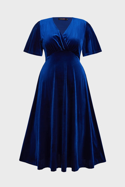 Luxurious A-Line V-Neck Short-Sleeve Solid-Back Midi-Length Plus Size Mother Of Bride Dress