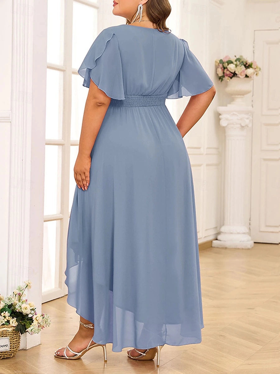 Graceful Plus Size A‑Line Cowl‑Neck Flutter‑Sleeve Smocked‑Back Hi‑Lo Mother Of Bride Dress
