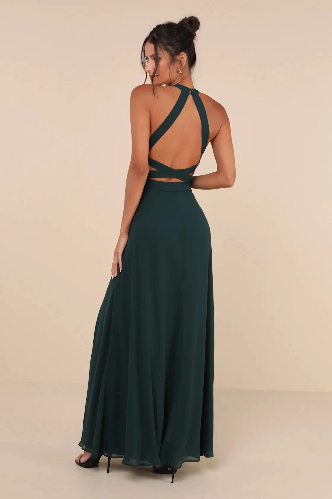Navy A-Line Halter Sleeveless Cross Open Back Floor-Length Prom Dress
